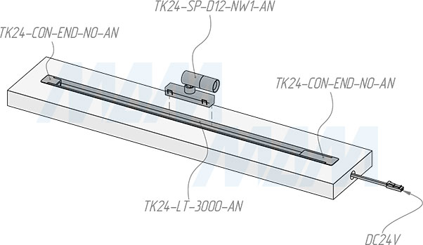Установка светодиодного светильника-спота TRACK, D=12 мм, 24 В, 1 Вт (артикул TK24-SP-D12-NW1)