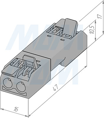 Размеры разъемной соединительной клеммы, 2 порта, разная полярность (артикул TML-2-2-DP-DE-TR)