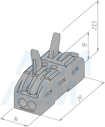 Размеры соединительной клеммы, 2 порта, разная полярность (артикул TML-2-2-DP-GR)