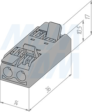 Размеры соединительной клеммы, 2 порта, разная полярность (артикул TML-2-2-DP-TR)