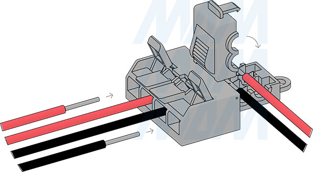Установка разъемной соединительной клеммы для подключения к питающим проводам, 4 порта, разная полярность (артикул TML-2W-4-DP-TR)