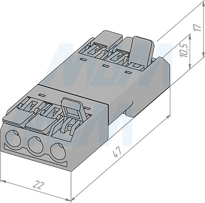 Размеры разъемной соединительной клеммы, 3 порта, разная полярность (артикул TML-3-3-DP-DE-TR)