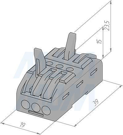Размеры соединительной клеммы, 3 порта, разная полярность (артикул TML-3-3-DP-GR)