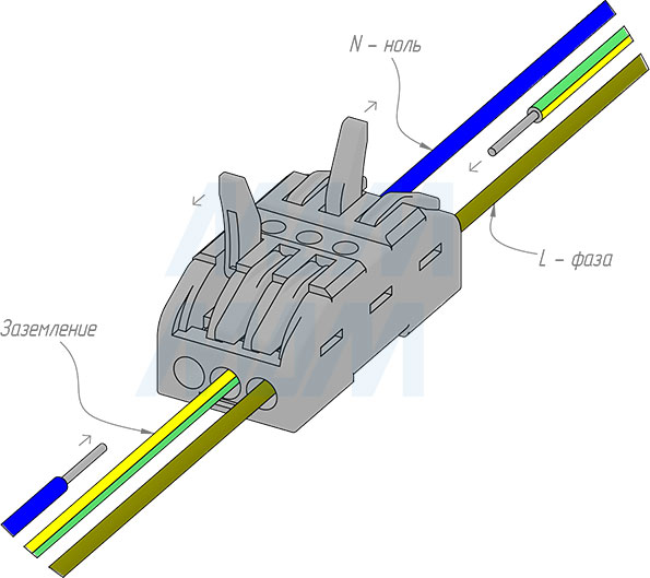 Установка соединительной клеммы, 3 порта, разная полярность (артикул TML-3-3-DP-GR)