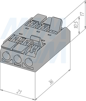 Размеры соединительной клеммы, 3 порта, разная полярность (артикул TML-3-3-DP-TR)