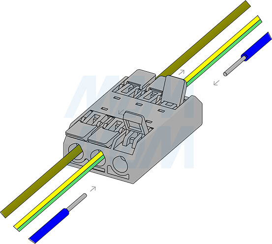 Установка соединительной клеммы, 3 порта, разная полярность (артикул TML-3-3-DP-TR)