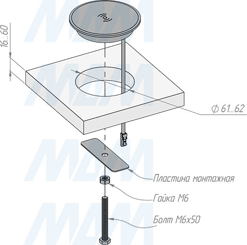 Установка врезного беспроводного зарядного устройства, диаметр 74 мм, 12V/24V, 15W (артикул WCH-60-1W)