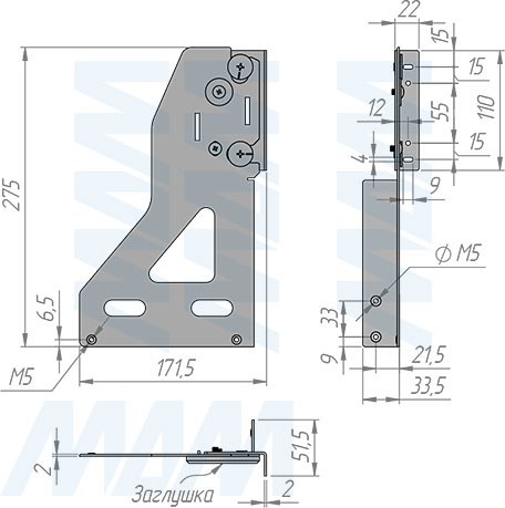 Размеры адаптера крепления фасада для корзин HAMPER (артикул LHW-AS02)