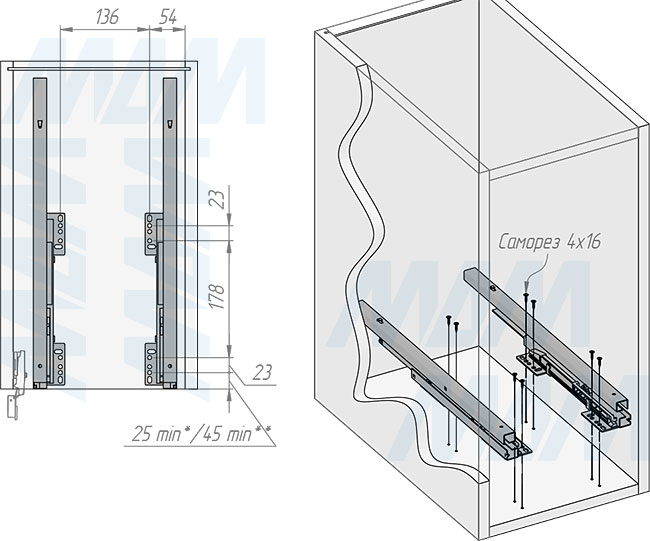 Установка выдвижной корзины HAMPER LW30 для белья, 35 л с распашным фасадом (артикул LHW301-35), схема 1