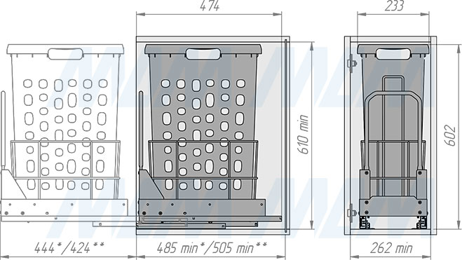 Установка выдвижной корзины HAMPER LW30 для белья, 35 л с распашным фасадом (артикул LHW301-35), схема 2