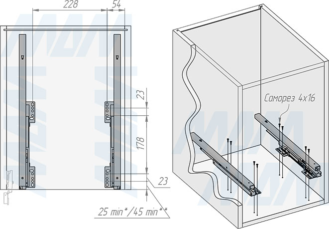 Установка выдвижной корзины HAMPER LW40 для белья, 48 л с распашным фасадом (артикул LHW401-48), схема 1