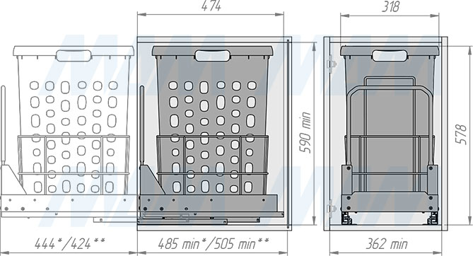 Установка выдвижной корзины HAMPER LW40 для белья, 48 л с распашным фасадом (артикул LHW401-48), схема 2