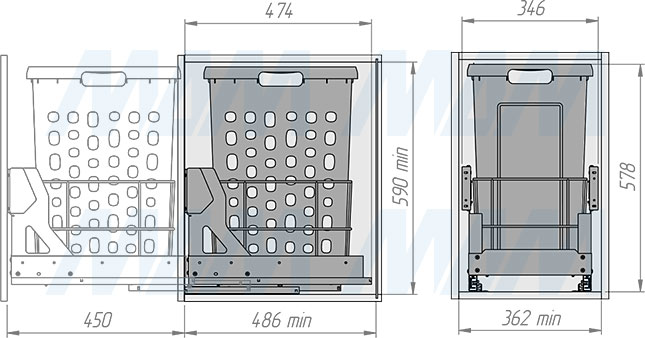 Установка выдвижной корзины HAMPER LW40 для белья, 48 л с выдвижным фасадом (артикул LHW401-48), схема 2