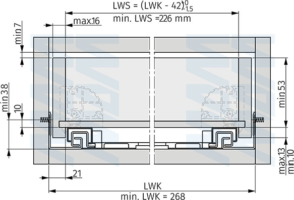 Установочные размеры ящика при использовании направляющих DYNAPRO TIPMATIC SOFT-CLOSE с 3D-креплениями (артикул F1301078 3D.TMSC)