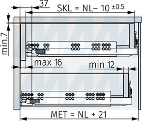 Установочные размеры внутреннего выдвижного ящика при использовании направляющих DYNAPRO TIPMATIC SOFT-CLOSE с 3D-креплениями (артикул F1301078 3D.TMSC)