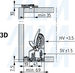 Присадочные размеры для креплений к фасаду направляющих DYNAPRO TIPMATIC SOFT-CLOSE с 3D-креплениями (артикул F1301078 3D.TMSC)