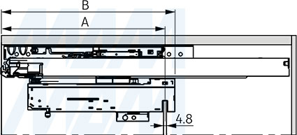 Положение синхронизирующей штанги при использовании направляющих DYNAPRO TIPMATIC SOFT-CLOSE с 3D-креплениями (артикул F1301078 3D.TMSC)