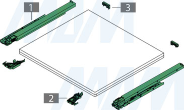 Схема комплекта направляющих DYNAMOOV  с креплением ко дну, с плавным закрывания и с масляным амортизатором (артикул F1301079)