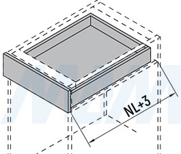 Необходимая глубина ящика для установки направляющих нижнего крепления полного выдвижения QUANTUM QS с 3D-креплениями (артикул QS)