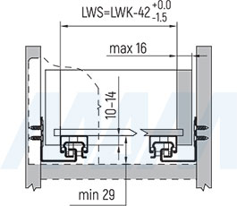 Присадочные размеры для установки направляющих нижнего крепления полного выдвижения QUANTUM QS с 3D-креплениями (артикул QS)