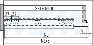 Присадочные размеры для накладного ящика для установки направляющих нижнего крепления полного выдвижения QUANTUM QS с 3D-креплениями (артикул QS)