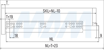 Присадочные размеры для вкладного ящика для установки направляющих нижнего крепления полного выдвижения QUANTUM QS с 3D-креплениями (артикул QTS.300)