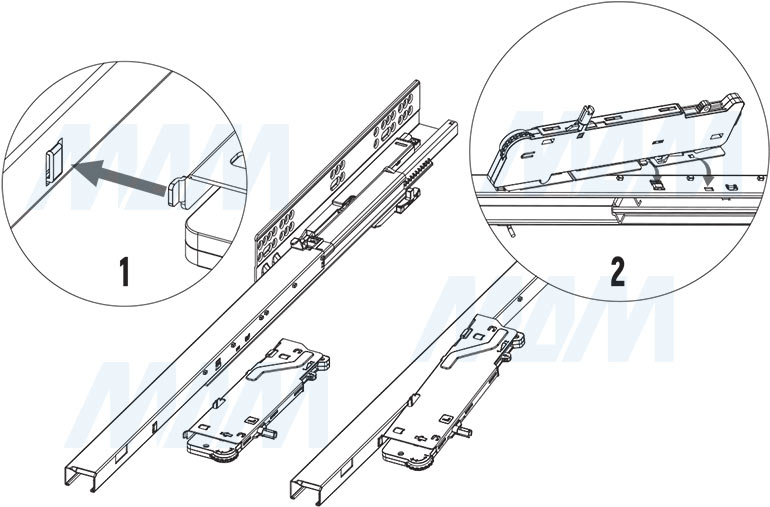 Присадочные размеры для установки направляющих нижнего крепления полного выдвижения QUANTUM QS с 3D-креплениями (артикул QTS)