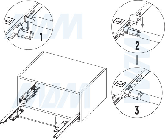 Установка штанги и фиксаторов направляющих Quantum QTS  нижнего крепления полного выдвижения, плавное закрывание, открывание от нажатия (левая, правая) с 3D креплениями (артикул QTS)