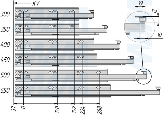 Установка направляющих VEKTOR.PRO LS с нижним креплением, полного выдвижения, с плавным закрыванием и 3D-фиксаторами для корпуса с боковинами толщиной 18 мм (артикул V.PRO.LS 18), схема 1