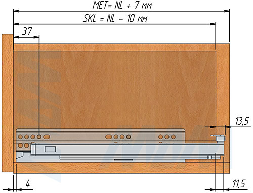 Установка направляющих VEKTOR.PRO LS с нижним креплением, полного выдвижения, с плавным закрыванием и 3D-фиксаторами для корпуса с боковинами толщиной 18 мм (артикул V.PRO.LS 18), схема 3
