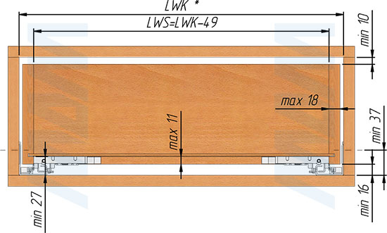 Установка направляющих VEKTOR.PRO LS с нижним креплением, полного выдвижения, с плавным закрыванием и 3D-фиксаторами для корпуса с боковинами толщиной 18 мм (артикул V.PRO.LS 18), схема 4