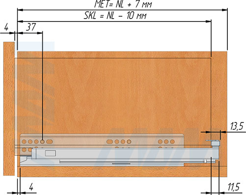 Установка направляющих VEKTOR.PRO LT с нижним креплением, полного выдвижения, с толкателем и 3D-фиксаторами для плиты 18 мм (артикул V.PRO.LT 18), схема 3