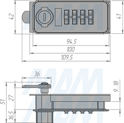 Размеры поворотного замка с кодом для 1 двери, короткий шток (артикул DL-002-18 L)