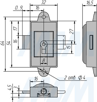 Размеры выдвижного мебельного замка (артикул M85)