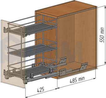 Установка трехуровневой корзины ROUND, 300 мм, с боковым нижним креплением, с плавным закрыванием (артикул EGTGMSL30B3C), схема 1