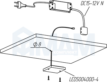 Схема установки квадратного светодиодного светильника из акрила с коннектором JB-LED (артикул LED5004000-4)